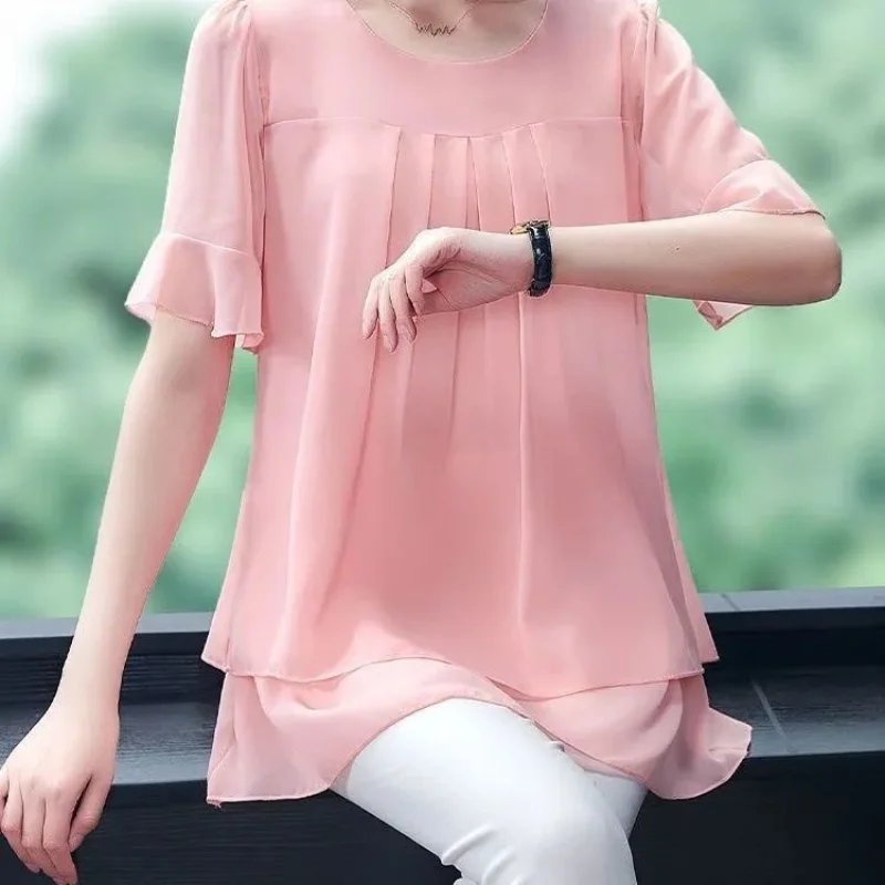 Chiffon Short Sleeve Shirt Tops Summer New Chiffon Loose Solid Color Patchwork Pleated Blouse Vintage Casual Women Clothing