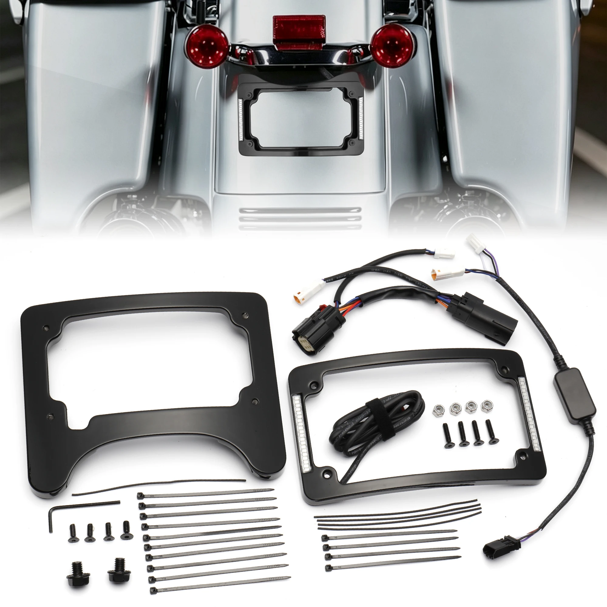 Number Plate Frame and Tail Light Mount with LED Light for Harley 2014-2023 Street Glide & Special, Road Glide Custom & Special
