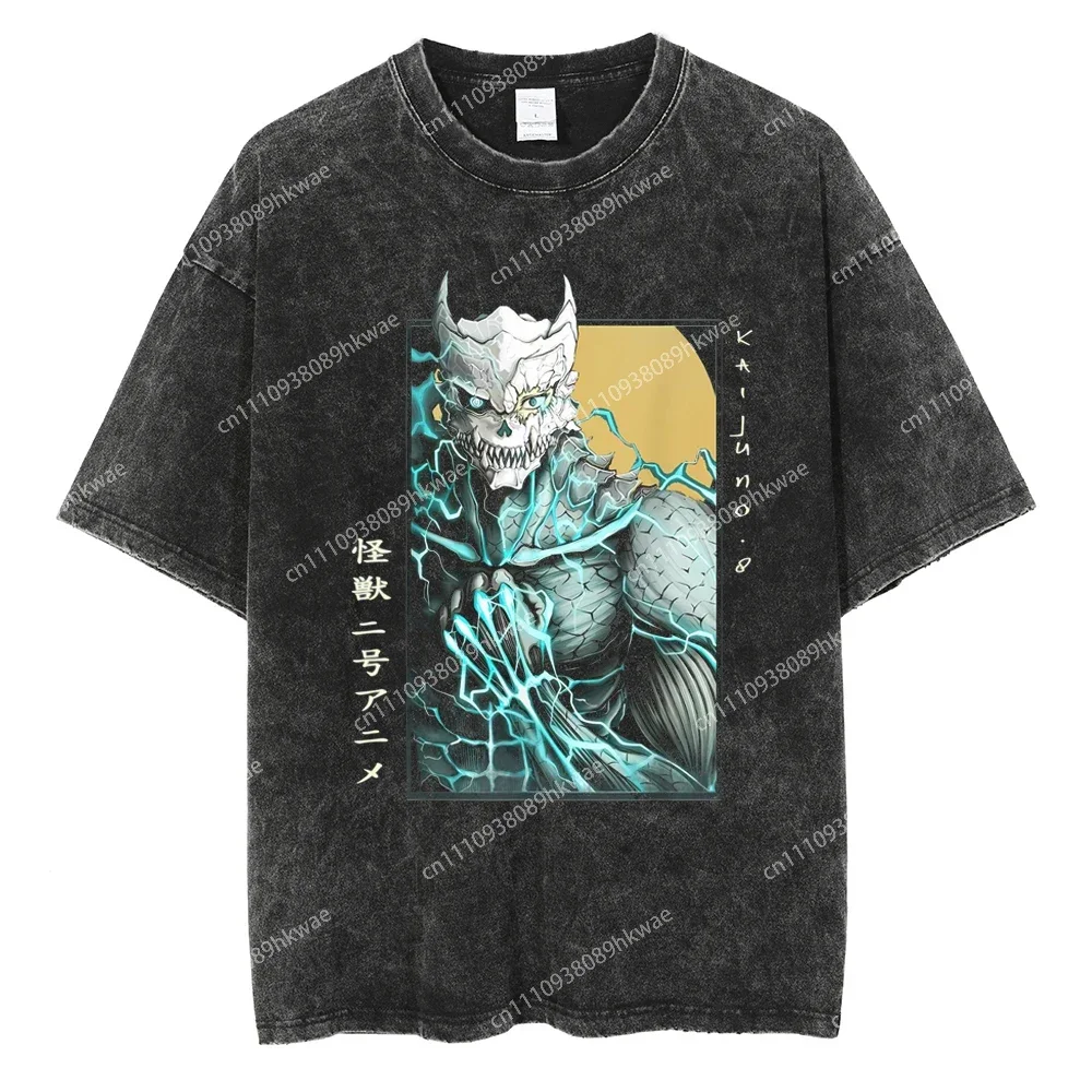 Kaiju No. 8 Thunderous Transformation Cyan Lightning Acid Wash Oversized Black TShirt Streetwear Anime Graphic Tee