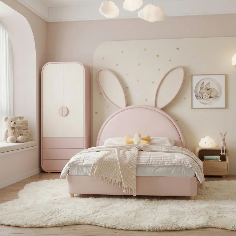 Modern Minimalist Kids Bed Faux Leather Animal Shaped Single Bed Frame Storage Princess Bed for Girls Room