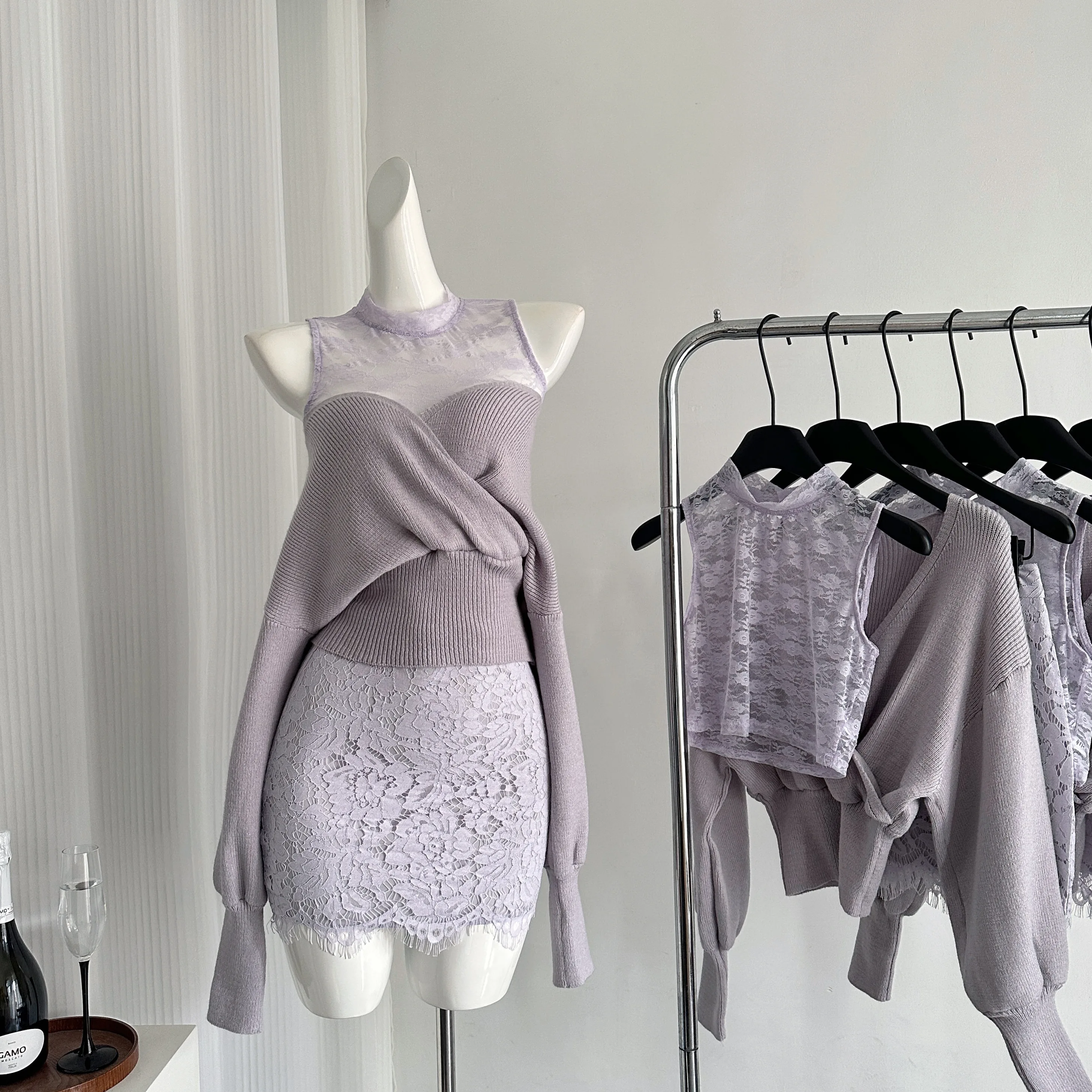 

Shoulder Bared Lace Knitted Dress Women's Autumn Winter New Style Classy True Two-Piece Half Skirt Set Long Sleeve Fashionable