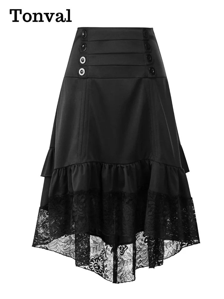 Tonval Vintage Ruffle and Lace High Low Hem Lolita Long Skirts for Women Drawstring Gothic A-Line Elegant Skirt