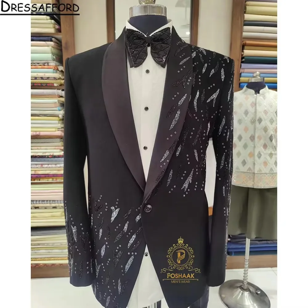 Black Sequined Beading Men Suits Groom Wedding Tuxedos 2 Pieces Sets Dinner Prom Blazers Terno Masculino Completo