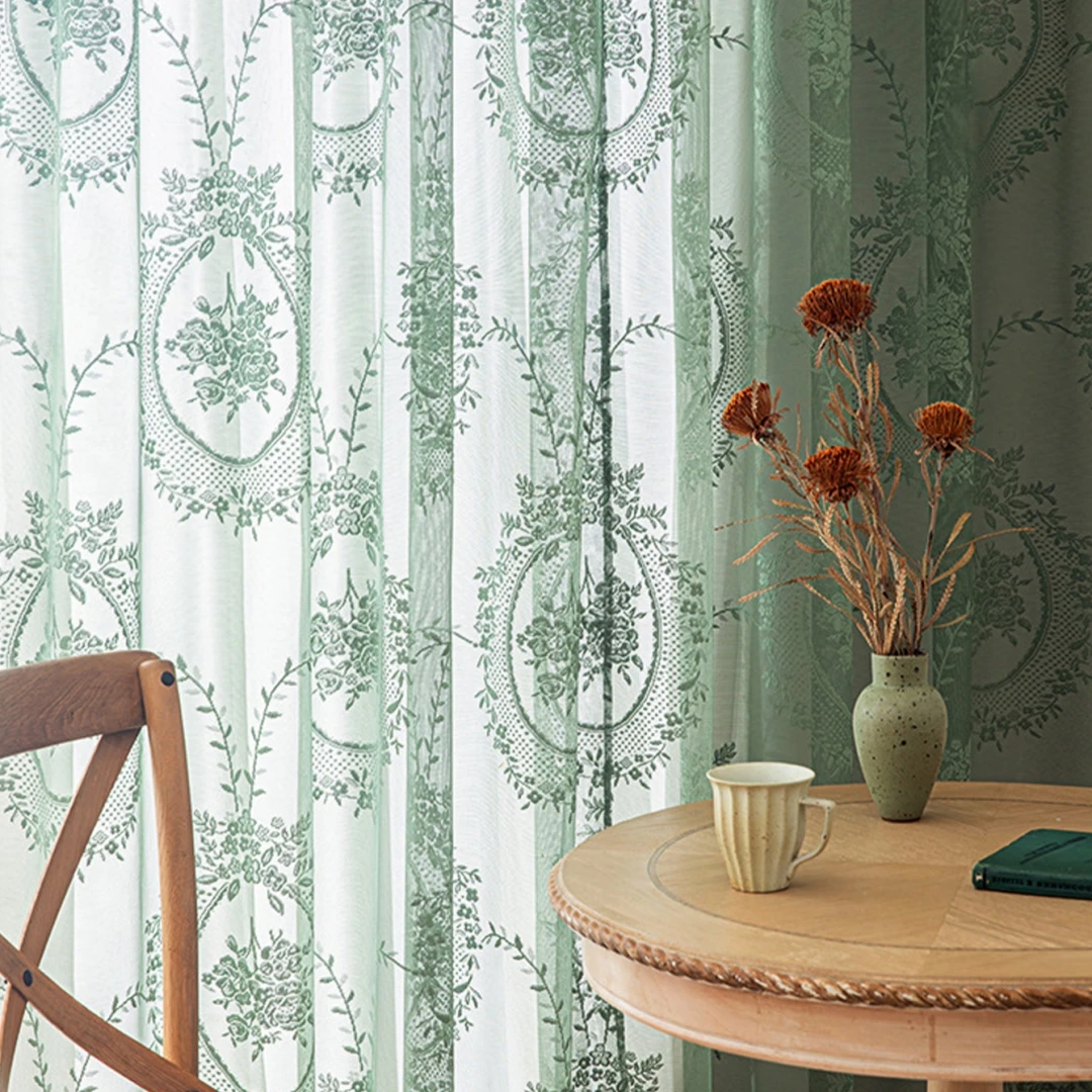 French Green Three-dimensional Lace Ruffle Wood Ear Matcha Green Window Screen, Suitable For Bedroom Living Room Balcony