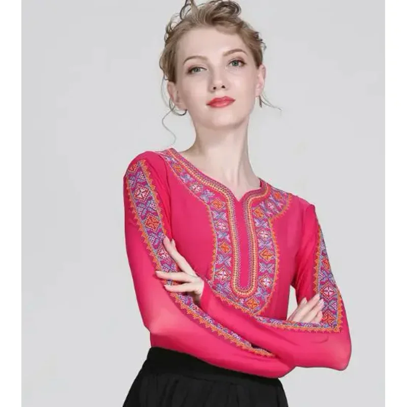 Chinese Xinjiang Uyghur Dance Tops Women Spring T Shirt Stage Performance Embroidered Folk Thin