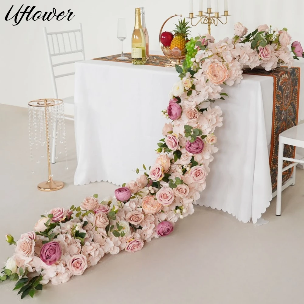 Uflower 200cm Pink Rose Hydrangea Artificial Flower Row Wedding Backdrop Wall Decor Table Centerpiece Flowers Party Stage Prop
