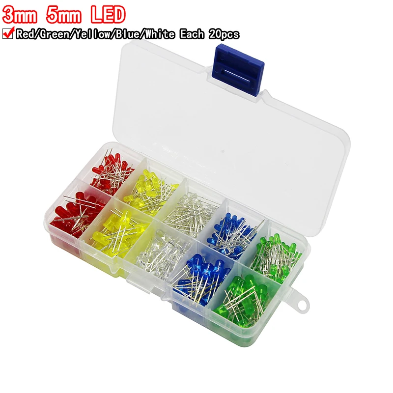 Mixed Color LED Light Emitting Diode Kit com Caixa, Vermelho, Verde, Amarelo, Azul, Branco, Variedade, Novo, 3mm, 5mm, 20 PCs/Lot, 200 PCs/Lot