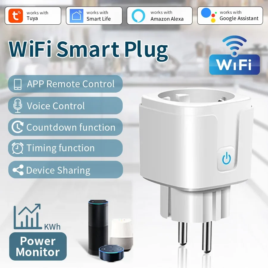 Tuya WiFi Smart Socket EU 16A 20A Power Monitoring Smart Life APP Control Remote Voice Timer Compatible with Alexa Google Home