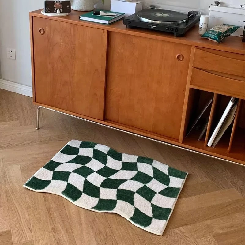 Green Checkered Rug for Bedroom Aesthetic Retro Waved Bath Mat Modern Bathroom Door Mat Small Rug Red Checker Living Room Mat