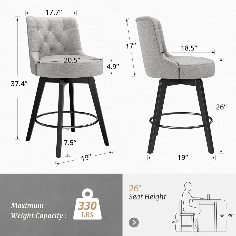 26" H Bar Stools Set of 4, Modern Counter Stools with Back and Metal Round Footrest, Linen Fabric Upholstered Barstools