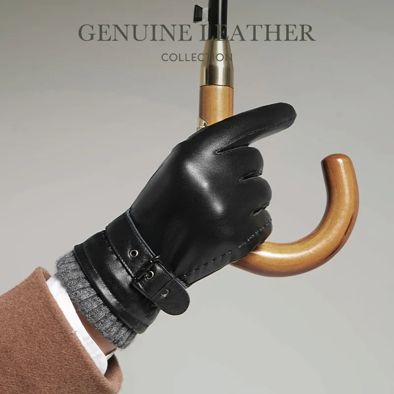 

Men's Autumn and Winter New Fashion Luxury 100% Genuine Leather Gloves Warm Driving Head Sheepskin Touch Screen Black Gloves