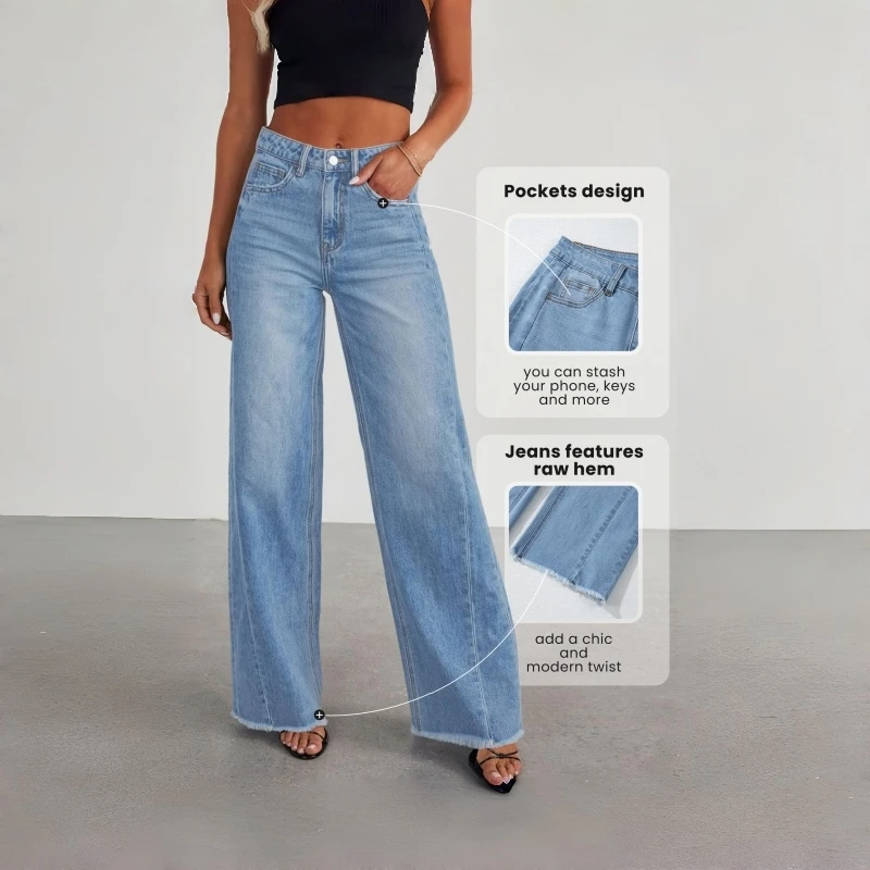 Womens Loose Jeans Blue Flared Denim Pants Casual Comfort Relaxed Fit Distressed Hem Trousers Y2k jeans baggy jeans