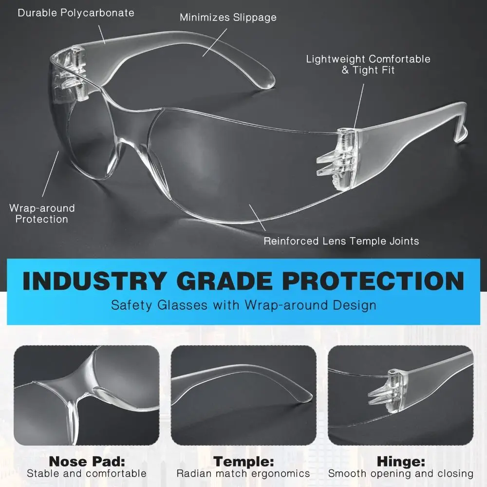 Clear Scratch & Impact Resistant Eye Protection Safety Glasses Protective Eyewear for Men Women for Work, Lab(10pcs)