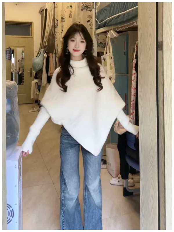 

High Collar Knitted Sweater Women's Soft Cozy Asymmetric Design Korean Style Autumn Winter Fashion Casual Loose Fit Top