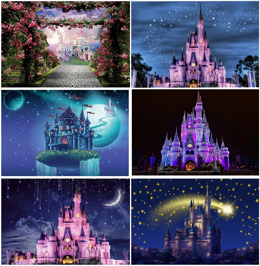 

Disney Castle Night Stars Backdrops Girls Birthday Party Decoration Customized Baby Portrait Dreamy Glitters Backgrounds Banner