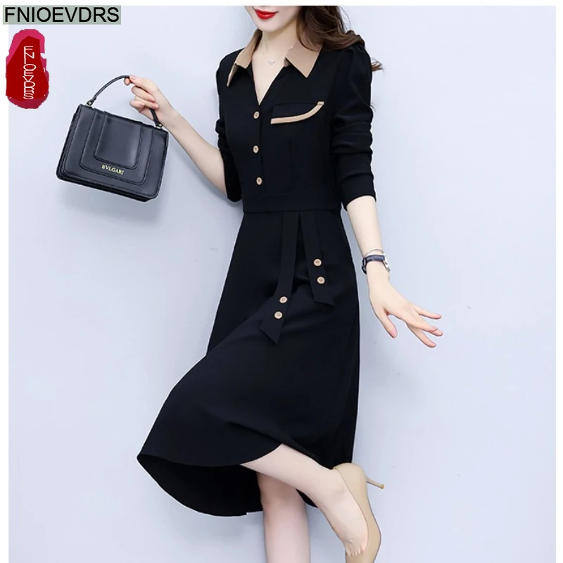 Gran oferta, vestidos camiseros de 2 piezas de imitación, nueva moda para mujer, elegante vestido de oficina para mujer, trabajo de retazos con botones, vestido negro francés hasta la rodilla