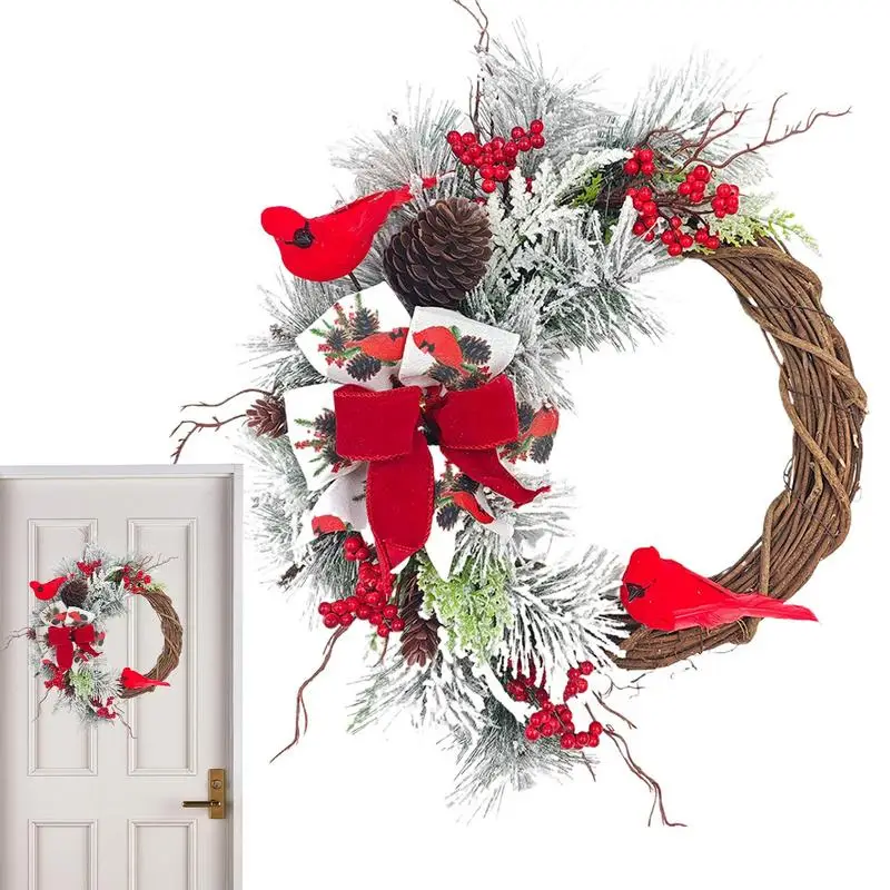 Christmas Front Door Wreath Artificial Magpies Snowy Pine Needle Holiday Wreath 45cm/17.7inch Red Berry Cluster Door Wreath