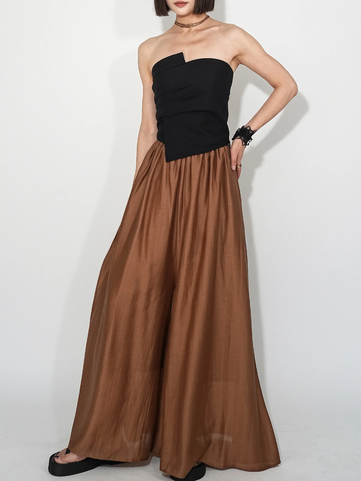 QCEO Silk Acetate Wide Leg Pants High Waist Nine Points Commute Elastic Waist Long Pants Women Summer Loose Fit Trousers