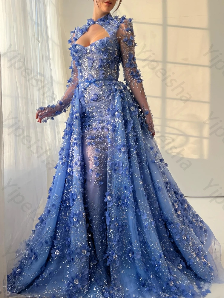 

Luxury Evening Dresses Long Sleeves 3D Flowers Crystals Beading Dress Exquisite High Quality Prom Party Gowns Women Customized