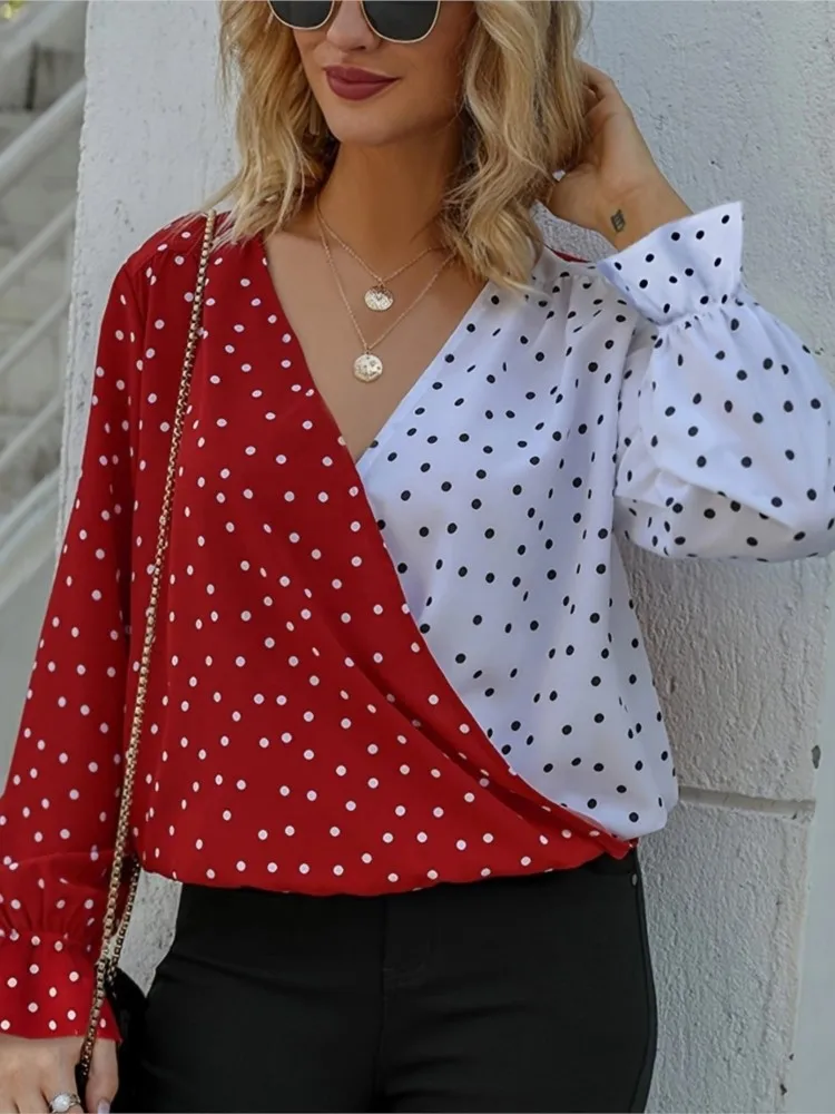 Women\'s Shirt Spring Autumn Polka Dot Color Block Print Long Sleeve Loose Blouses And Tops Casual V Neck Offfice Lady Shirts