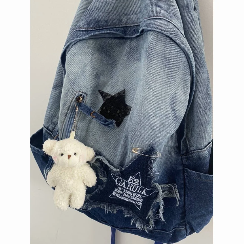 Y2K Korean Casual Denim Backpack Fashion Star Pattern Large Capacity Student Schoolbag Teenagers Vintage Punk Travel Book Bag