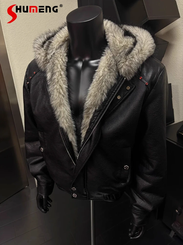 

Модные куртки из искусственной кожи с капюшоном, мужские парки, новинка зимы 2025 года, утепленные парки на флисовой подкладке, мужские красивые шикарные куртки для инструментов