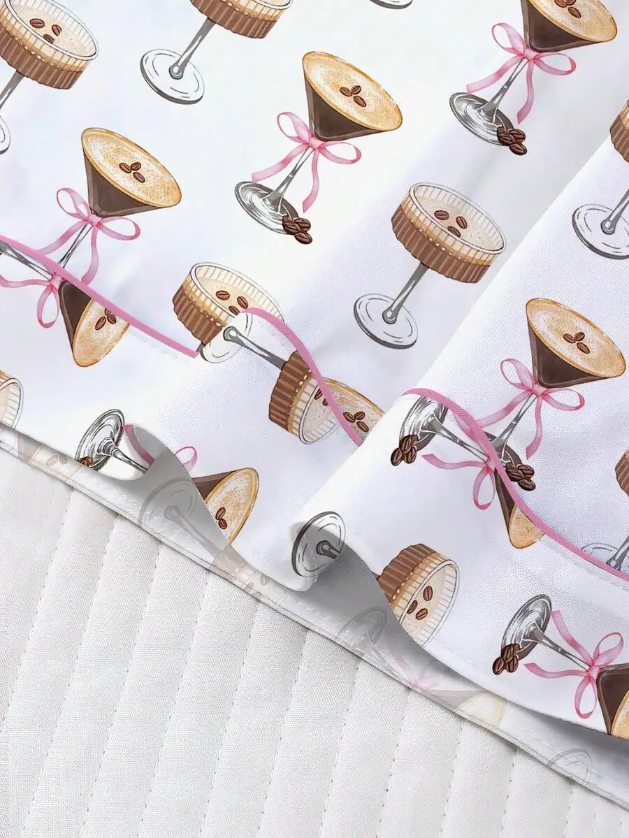 

Womens Coffee Print Sleepwear Set Short Sleeve Button Up Top And Elastic Shorts Casual Loungewear