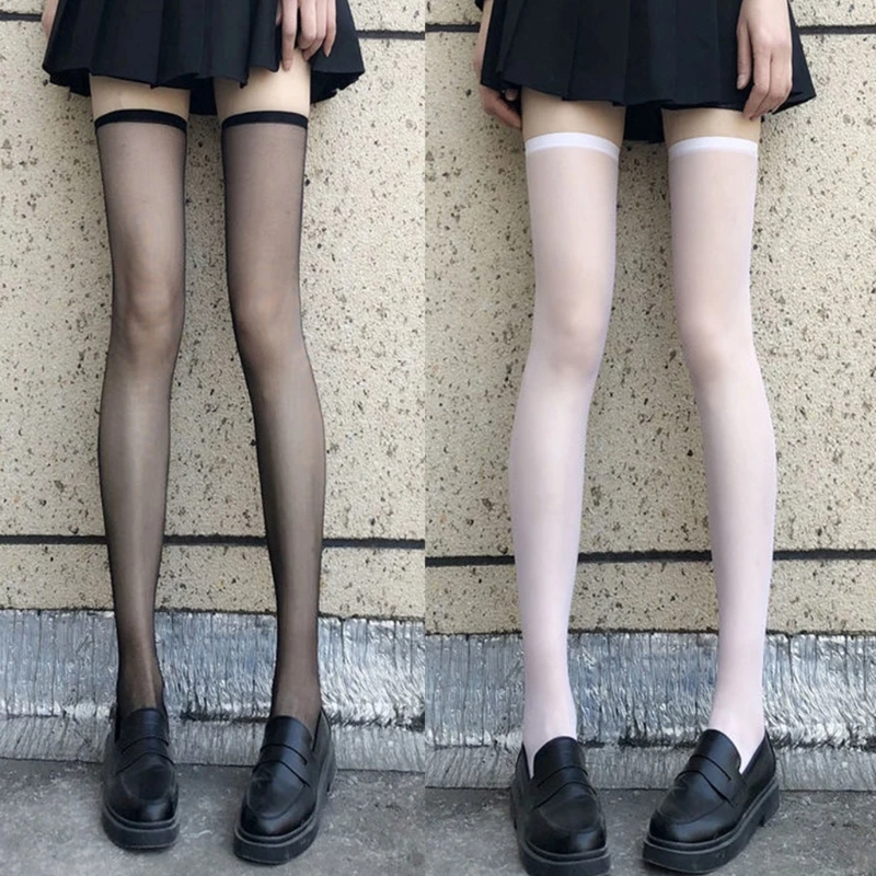 Womens Summer Silky Thigh High Stockings Harajuku Ultra-Thin Transparent Ribbed Elastic Top Over Knee Long Socks Dropship