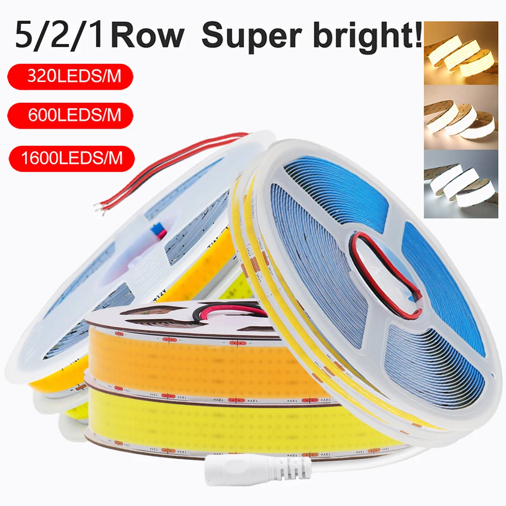 1 2 5 Rows COB LED Strip Light 12V 24V Super Bright 320 600 1600 LEDs Flexible Tape 3000K 4000K 6000K High Density Linear Lamp