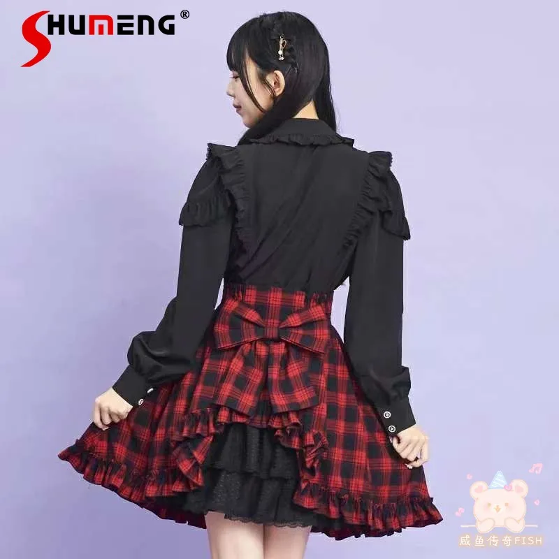 

Japanese Style Dark Gothic Irregular Plaid Short Skirt Lace-up Bow High Waist A-line Slim Sweet Versatile Lolita Skirt for Women