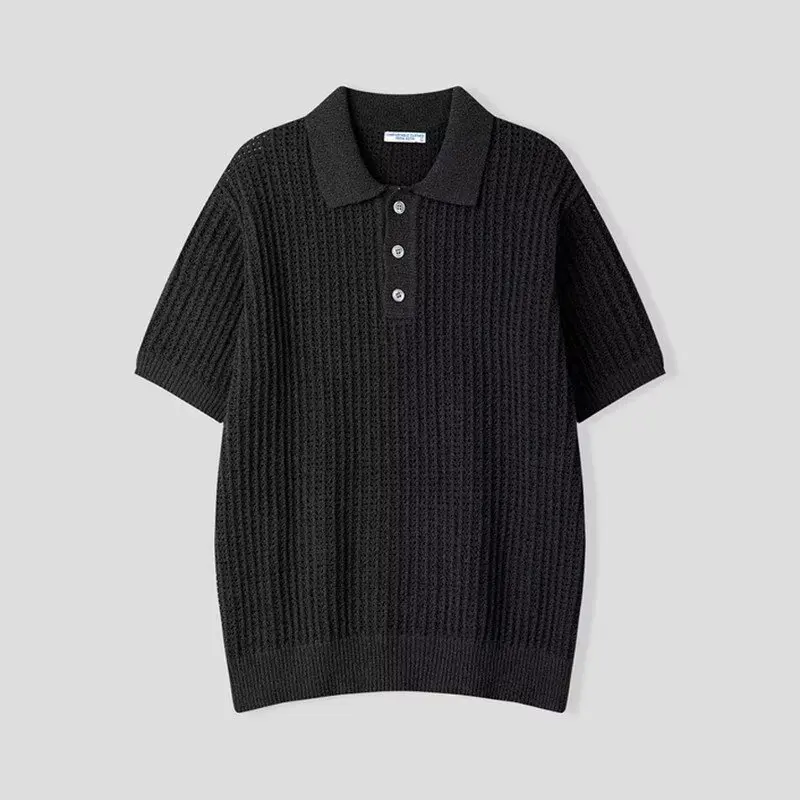 Mens Clothing Tshirt Cotton Linen Hollow Texture Raglan Sleeve Polo Knit Short Sleeve Summer Top