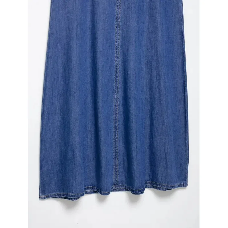 Elegant Casual Retro Ladies Sling Dress Pure Blue V-Neck Backless Long Design Spring Summer Fashion Beach Holiday Wear