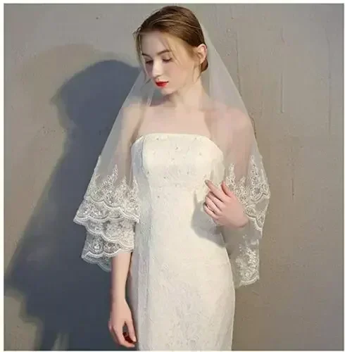 

Женская свадебная фата с блестками по краям для невесты, длина пальца, двухъярусная/2T кружево