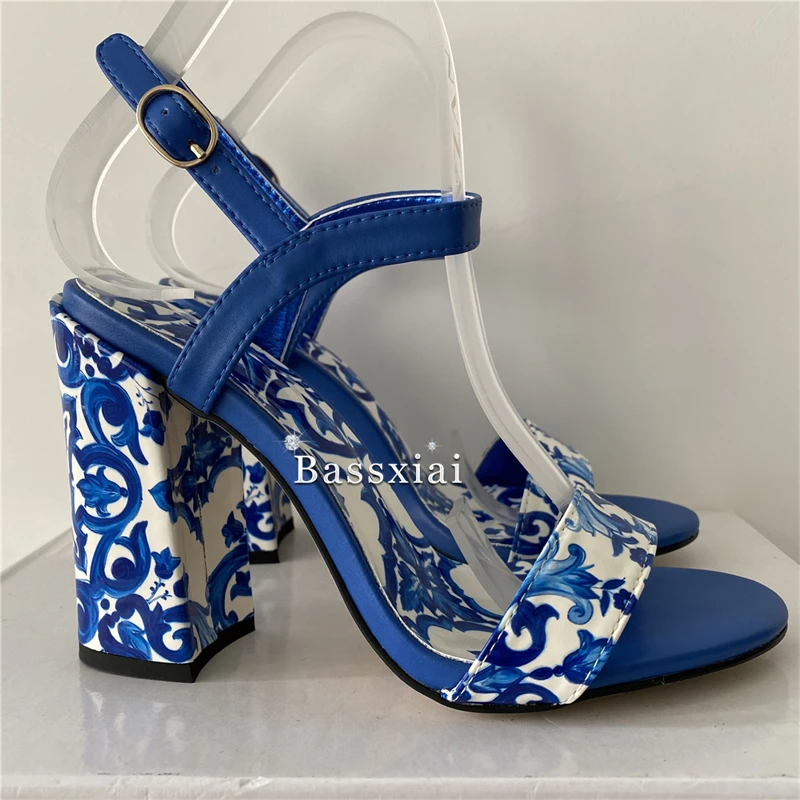 Blue And White Porcelain Print Sandals Women Genuine Leather Ankle Strap Chunky Heel Concise Style Summer Shoes