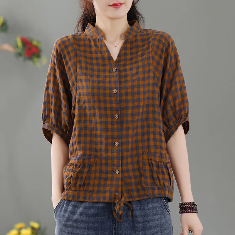 Fashion V-Neck Loose Spliced Pockets Bandage Plaid Shirt Women's Clothing 2025 Summer New Casual Tops All-match Commute Blouse