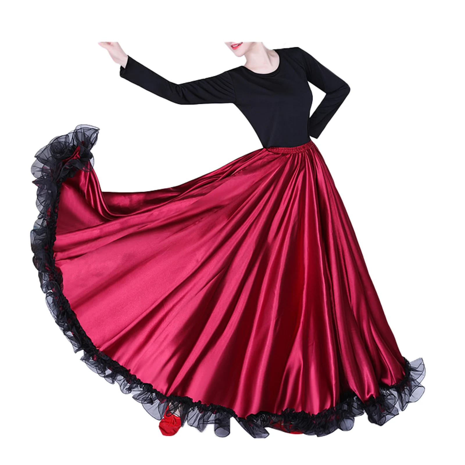 Dames Spaanse Flamenco Bull Dance Rok Buikdans Volle Rok Ruches Zoom Grote Swing Flamenco Kostuum Satijnen Maxi Rok