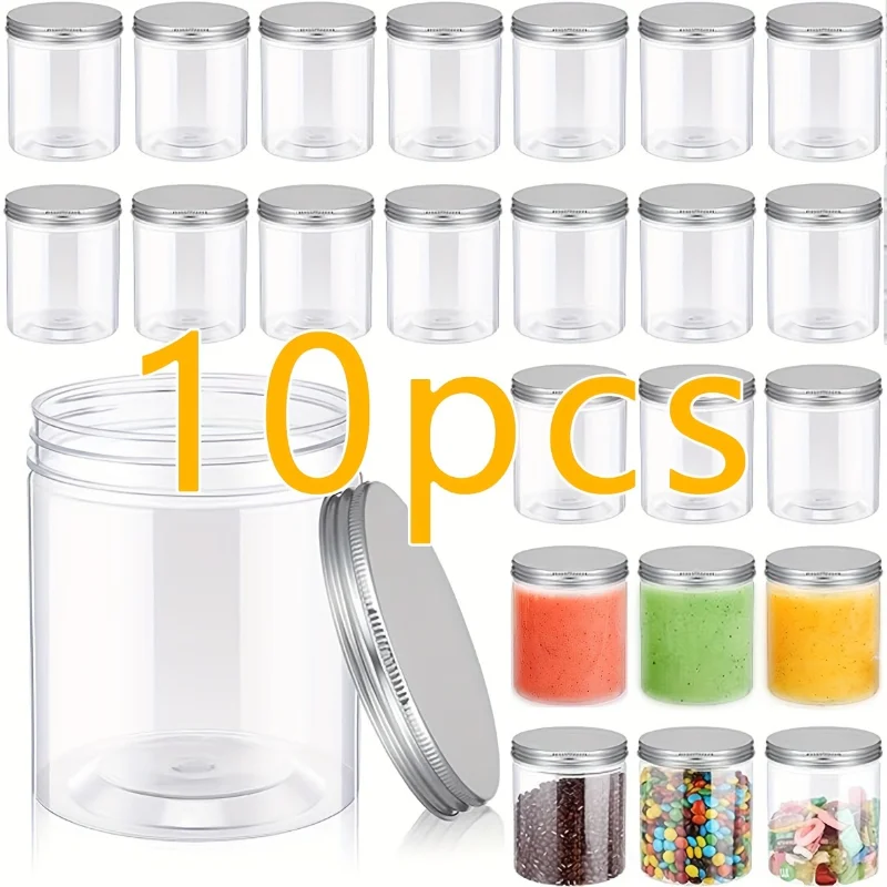 10-Piece  Reusable Plastic Storage Jars with Silver Lids - Leak-Proof Multi-Purpose Kitchen Containers, Suitable for Food