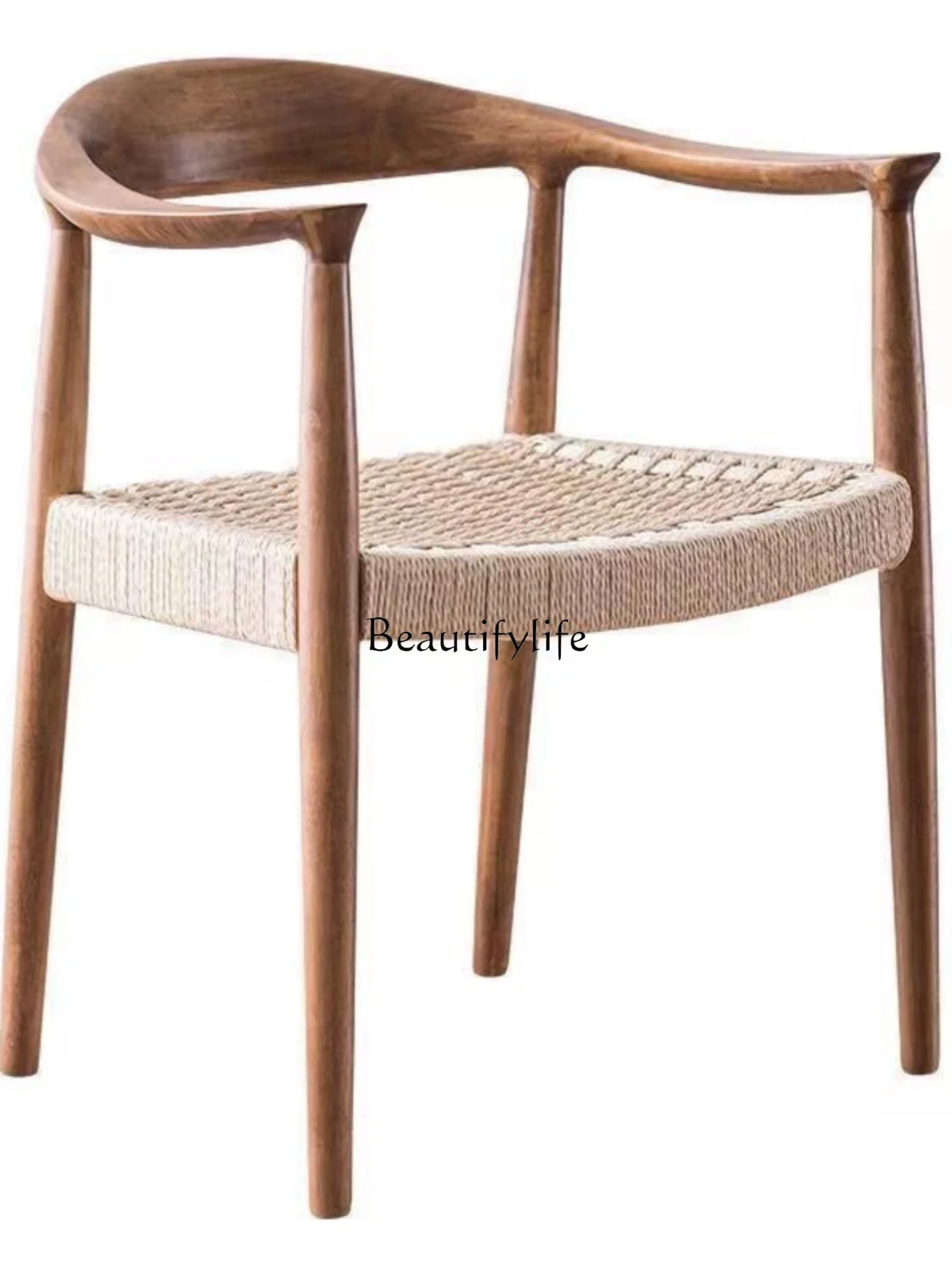 

Nordic Solid Wood Home Tea Room Armrest Dining Chair with Backrest Study Braid Rope Chair