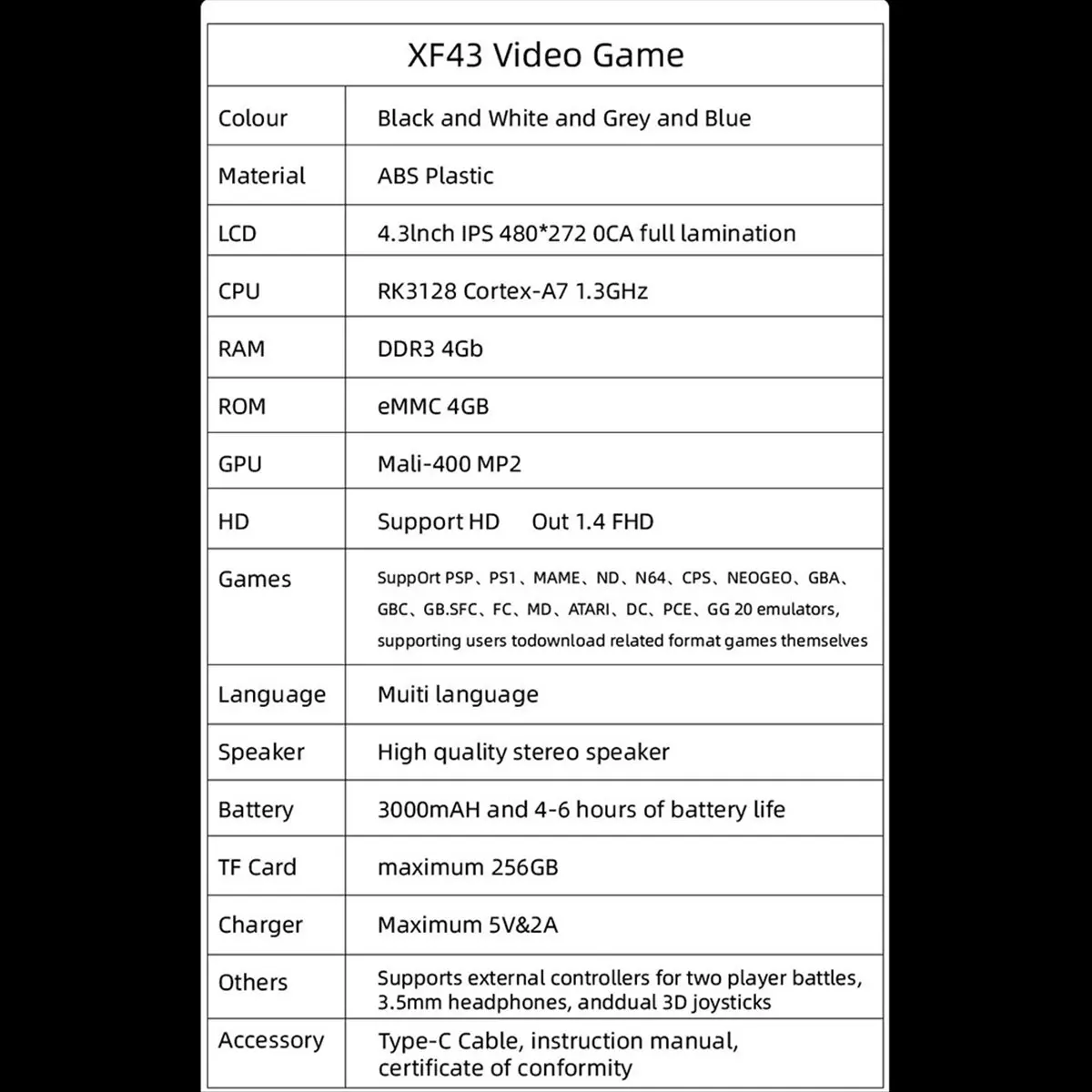 

Портативная игровая консоль HowAA87 XF43 Retro, 128 ГБ, 4,3-дюймовый IPS-экран, Linux с открытым исходным кодом, игровой плеер RK3128, карманный видеоплеер D