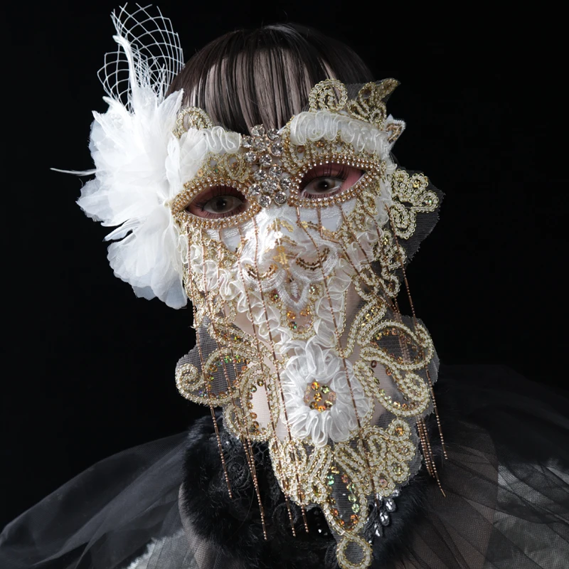 

Golden lace full face stage mask for adult live streaming Halloween party performance mask