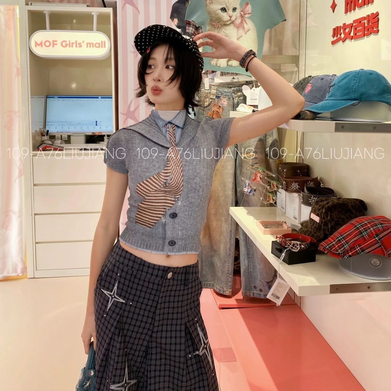 YUDX Miyake Pleated Women Plaid Printed Crop Top Short Sleeve Button Front Slim Fit Casual Daily Wear Street Style New Arrival