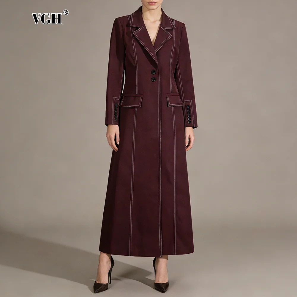 

VGH Burgundy Modest Evening Long Coat for Women Lapel Long Sleeve Spliced Buttons Stylish Windbreaker Female Sping Clothing New