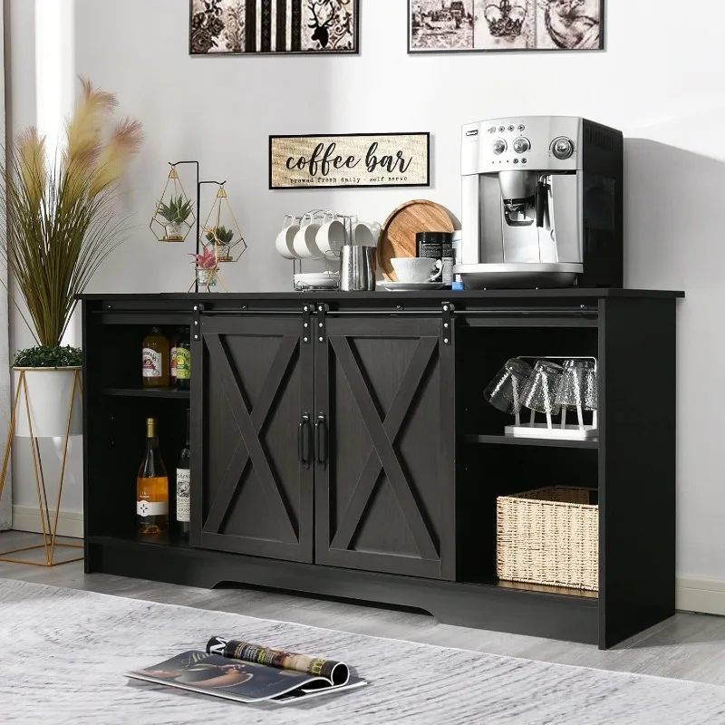 

Coffee Bar Cabinet with Sliding Barn Doors, 59" Coffee Bar Table Sideboard Buffet Cabinet with Storage