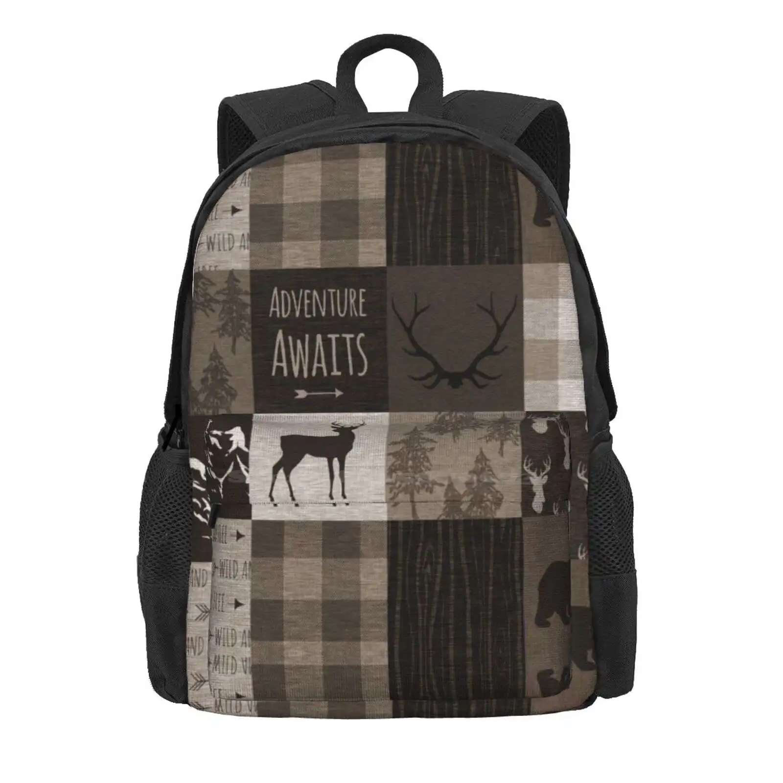 Adventure Patchwork - Brown/Beige Hot Sale Schoolbag Backpack Fashion Bags Adventure Awaits Woodland Patchwork Moose Elk Deer