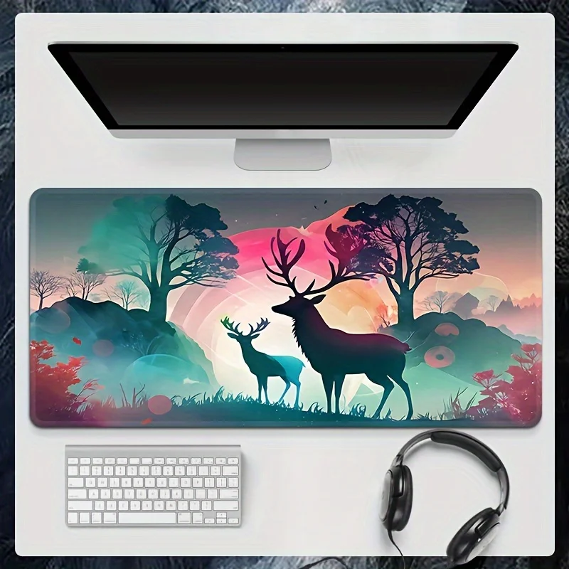 Dreamy Gradient Elk Deer Forest Large Gaming Mouse Pad, Colorful Scenery Extended Table Mat, Anti-slip Bottom Office Home