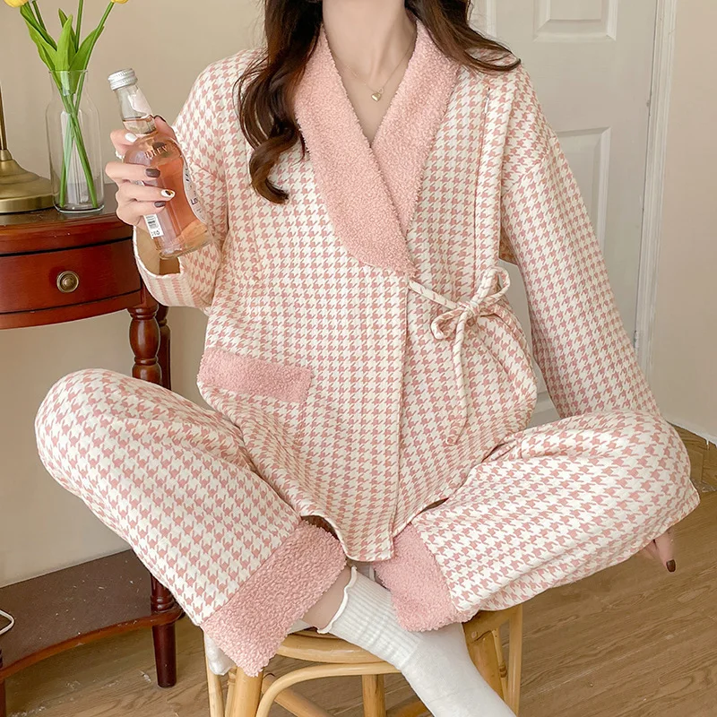 Autumn Winter Cotton Padded Maternity Nursing Sleepwear Sets Plaid Pajamas Suits Clothes for Pregnant Women Pregnancy Home Wea