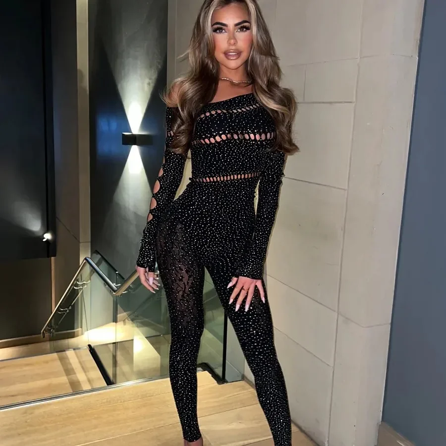 Lovermore kombinezony z odkrytymi ramionami dla kobiet świecące, rozciągliwe bodycon z długim rękawem pajacyki na imprezę podstawowe seksowne kombinezony — zdjęcie 4