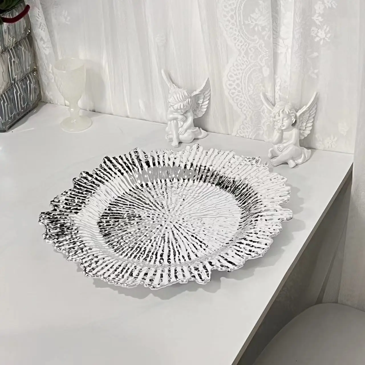 33cm Silver2 high-end wedding banquet tray European style home light luxury decoration tray lace tray exquisite fruit plate 2024