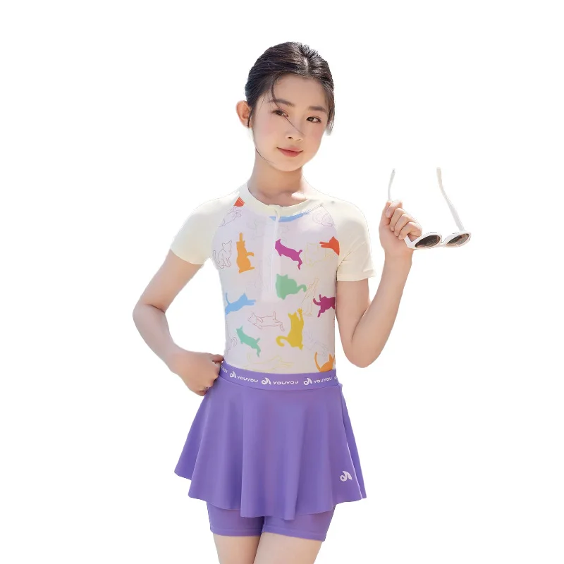 Costumi da bagno per ragazze conservatori con gonna Costume da bagno per bambini per ragazze Costume da bagno a maniche corte per adolescenti Cerniera frontale Fatos De Banho Menina