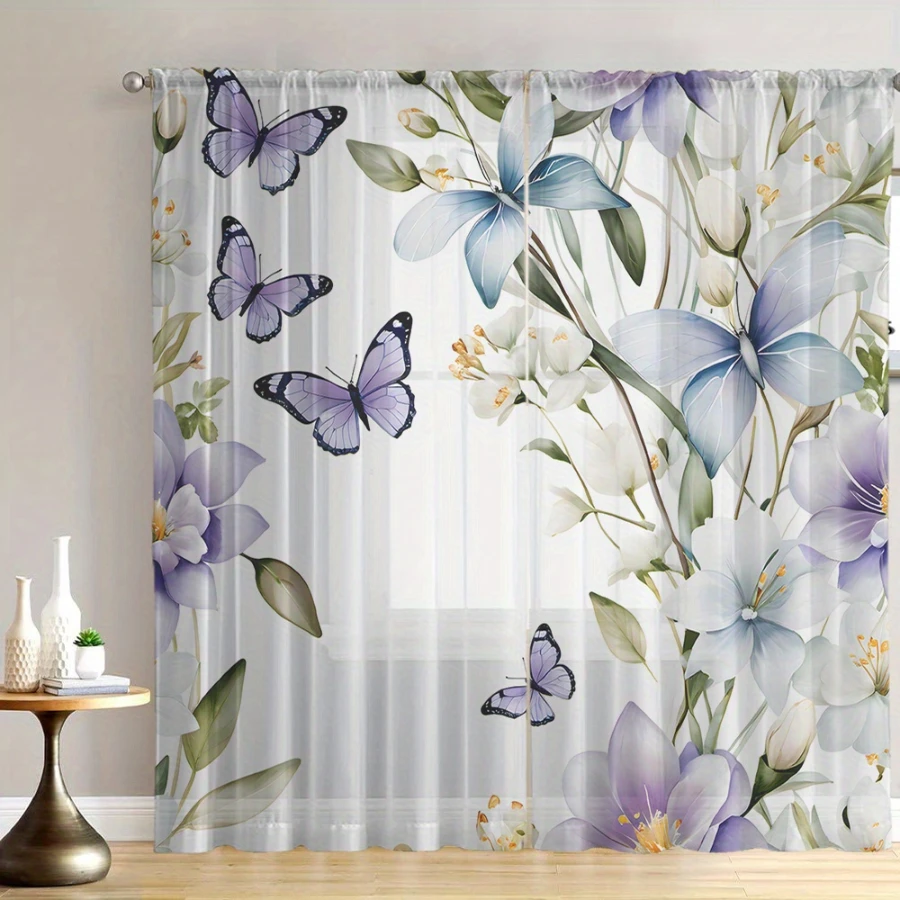 2PCS Digital Print Sheer Curtain, Purple Mist Flowers Butterflies Pattern, Dreamy Mysterious Ethereal Romantic Fairy Style Decor
